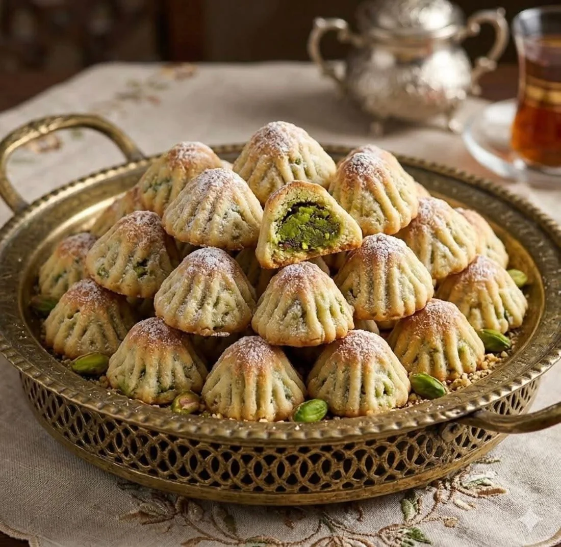 معمول بالفستق الحلبي على صينية نحاسية
